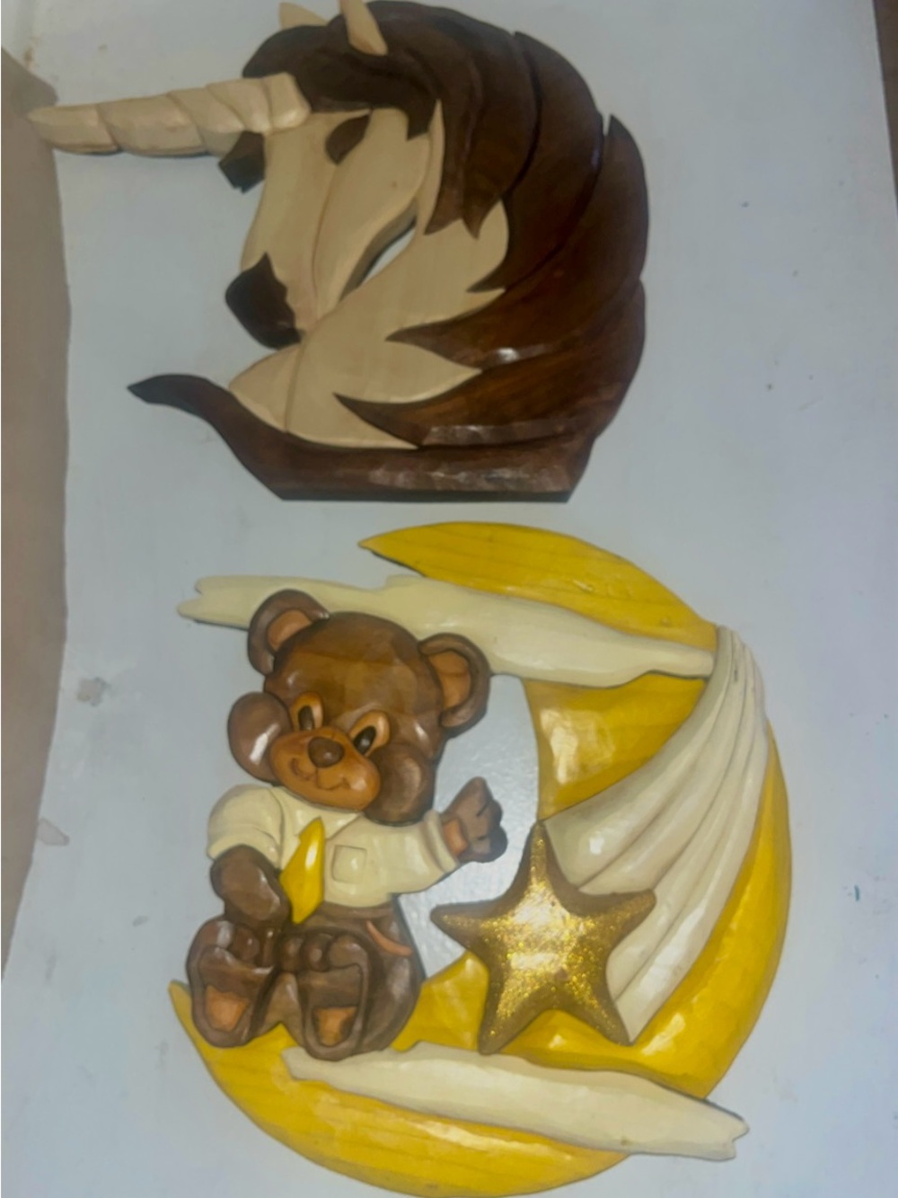 Hand-Carved Wooden Bear on Crescent Moon Wall Art - Yellow & Brown & a unicorn.